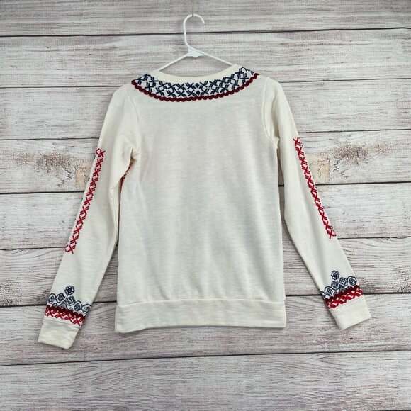 Lucky Lotus BOHO Embroidered Long Sleeve Sweater Women's Size XS‎ White/Blue/Red - Picture 2 of 7